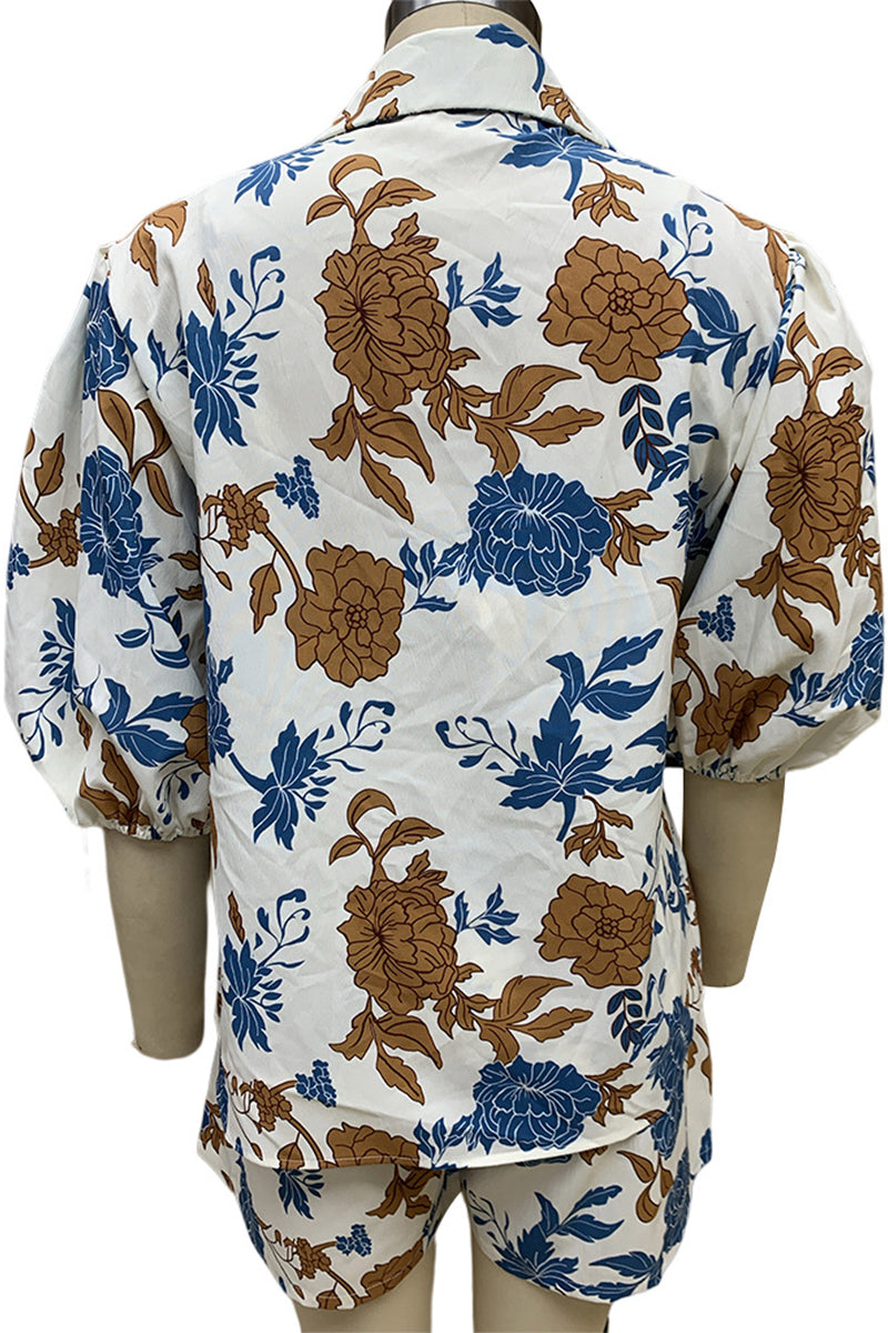 Casual Floral Pocket Turndown Collar Short Sleeve Three Pieces