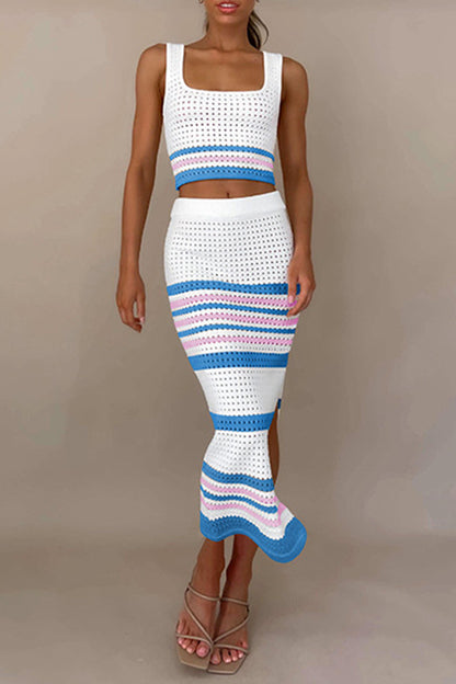 Sexy Striped Hollowed Out Weave Square Collar Sleeveless Two Pieces