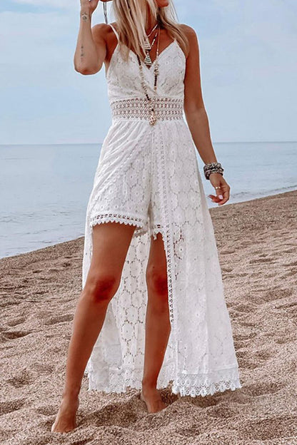 Sexy Vacation Solid Lace V Neck Sling Dress Dresses