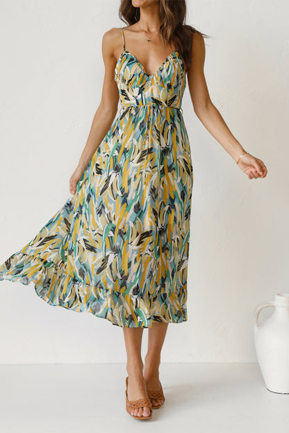 Elegant Vacation Color Lump Print Backless Flounce V Neck Sling Dress Dresses