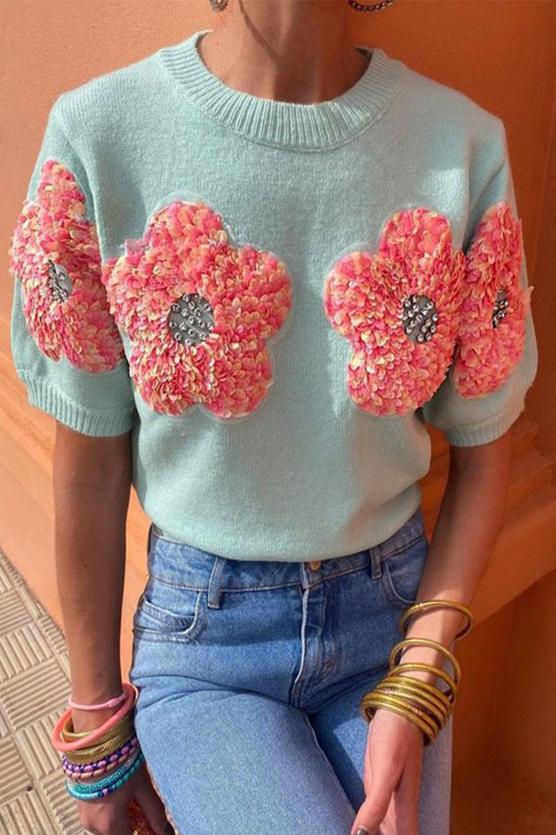 Sweet Solid Appliques Contrast O Neck Tops