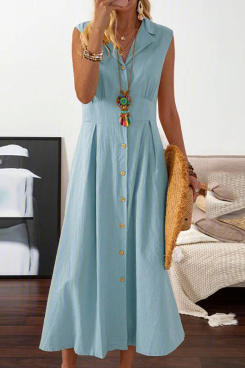 Casual Solid Buckle Turndown Collar Waist Skirt Dresses