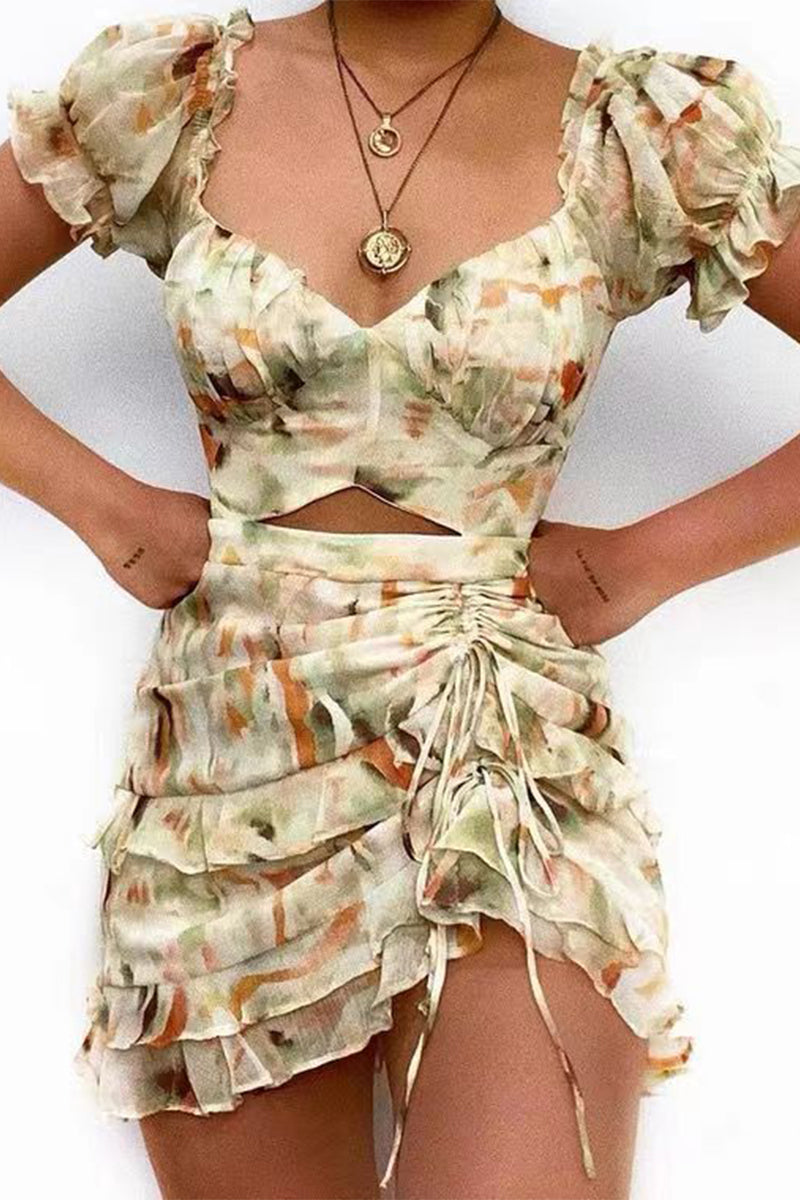 Sexy Floral Draw String Flounce V Neck Irregular Dresses(3 Colors)