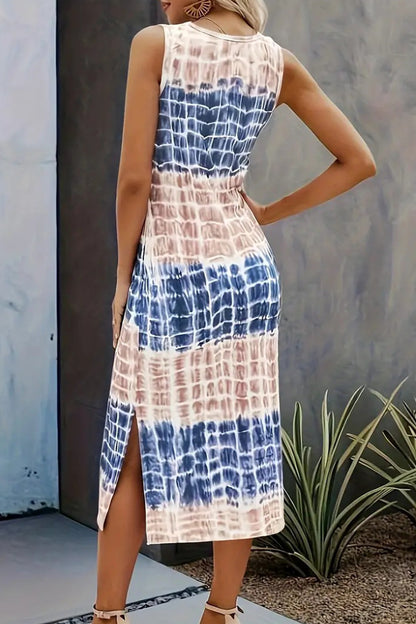 Casual Vintage Print Tie Dye Slit O Neck Dresses