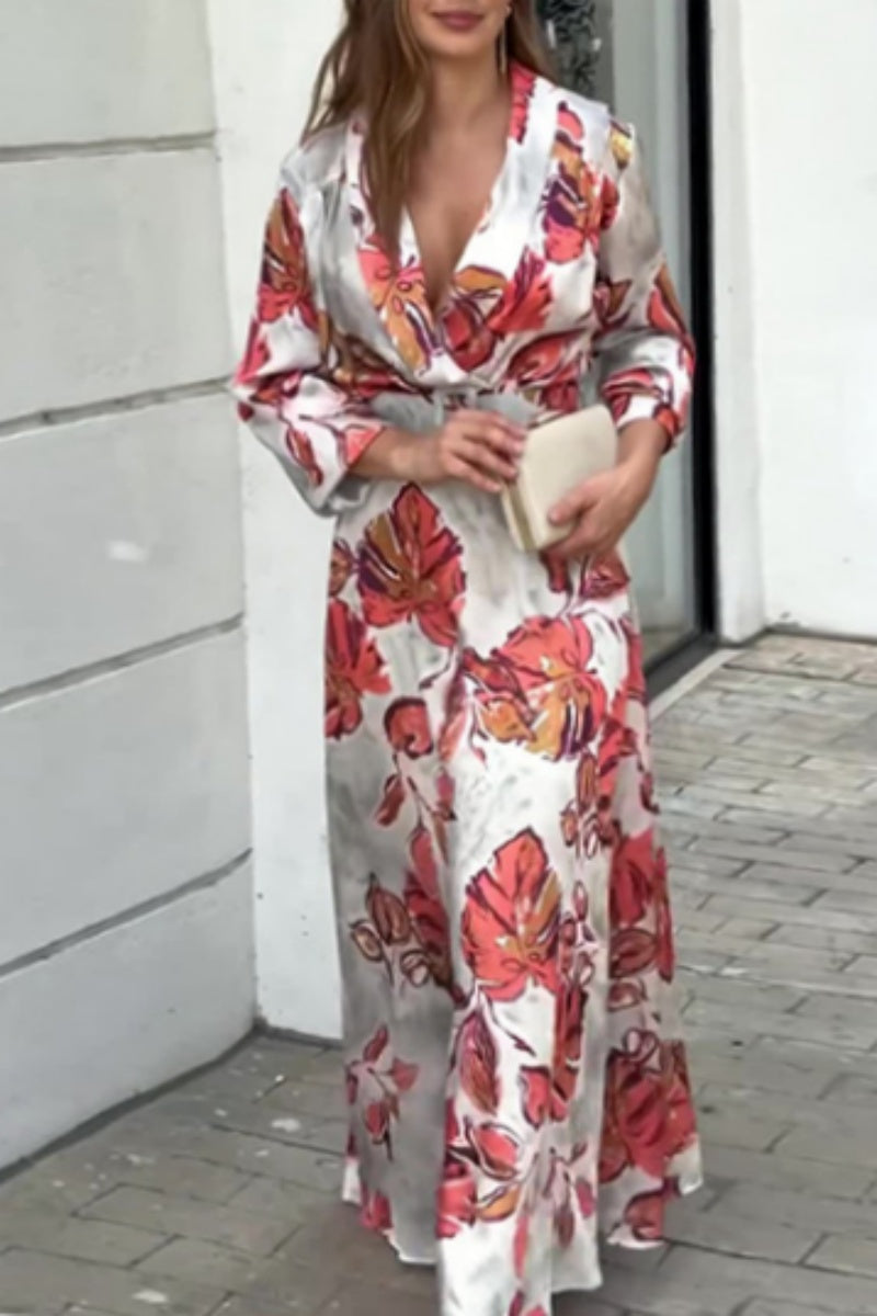 Casual Print Patchwork V Neck Long Dresses