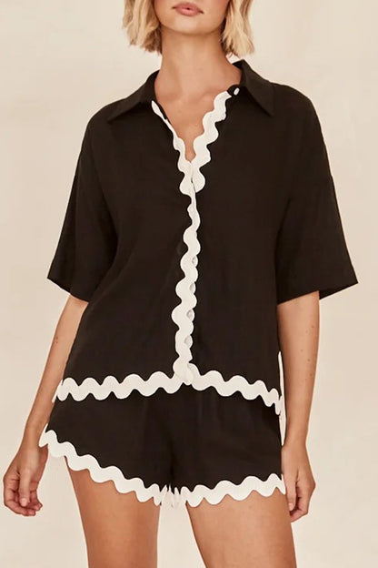 Casual Ripple Contrast Turndown Collar Short Sleeve Two Pieces