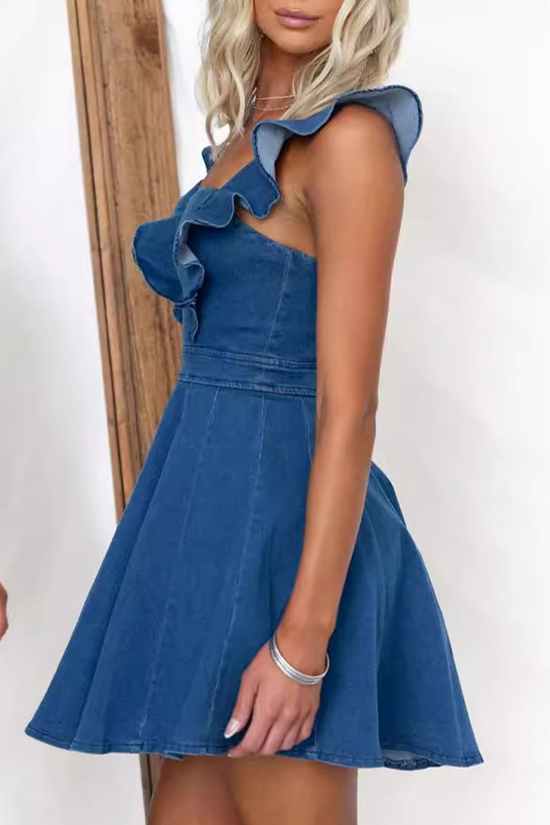 Sweet Elegant Make Old Flounce Denim Dresses