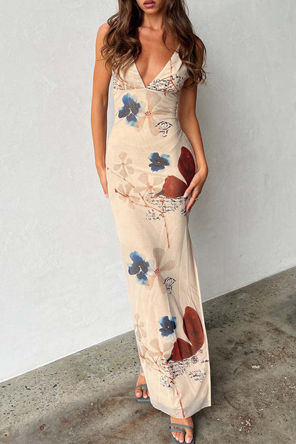 Sexy Print Butterfly Flowers Slit V Neck One Step Skirt Dresses