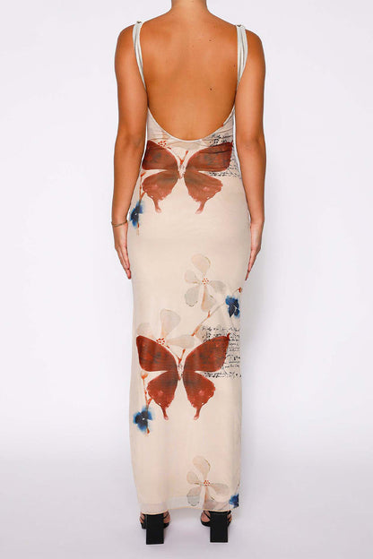 Sexy Print Butterfly Flowers Slit V Neck One Step Skirt Dresses