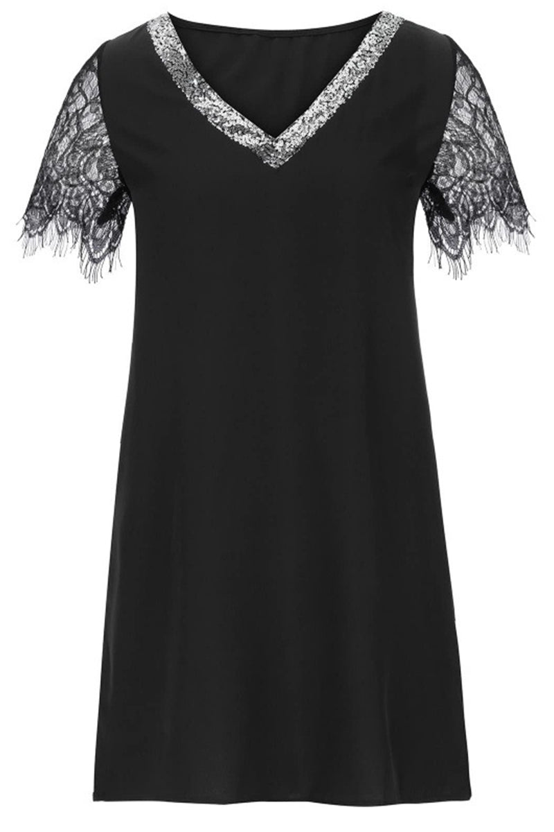 Casual Solid Lace Sequins V Neck Short Sleeve Dresses