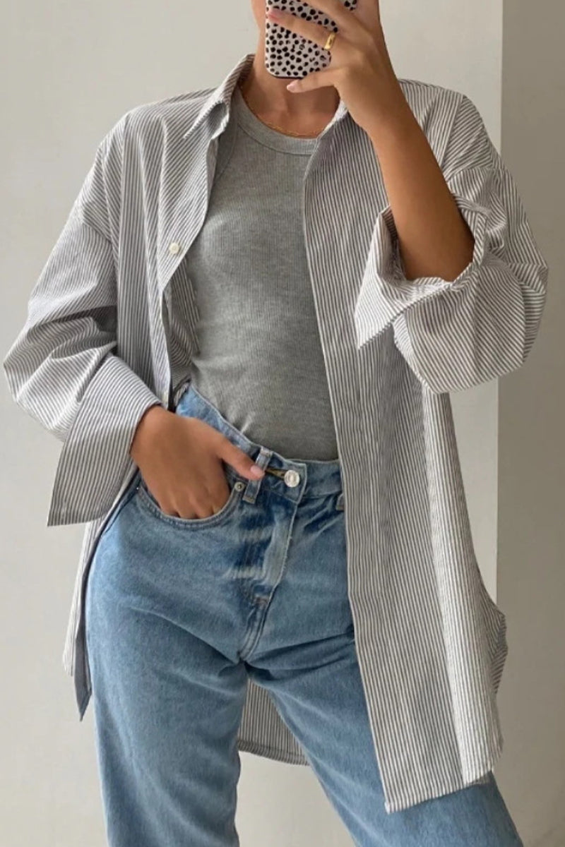 Casual Striped Patchwork Turndown Collar Tops