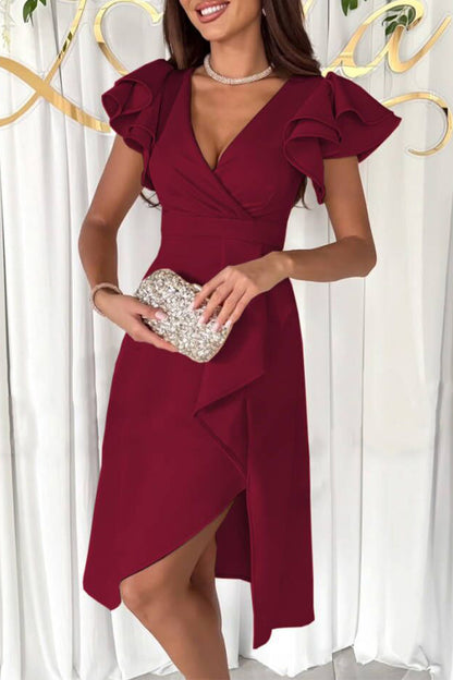 Elegant Solid Slit Fold Asymmetrical V Neck A Line Dresses