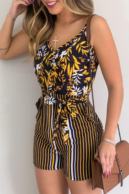 Sexy Geometric Print Bandage Patchwork V Neck Regular Rompers