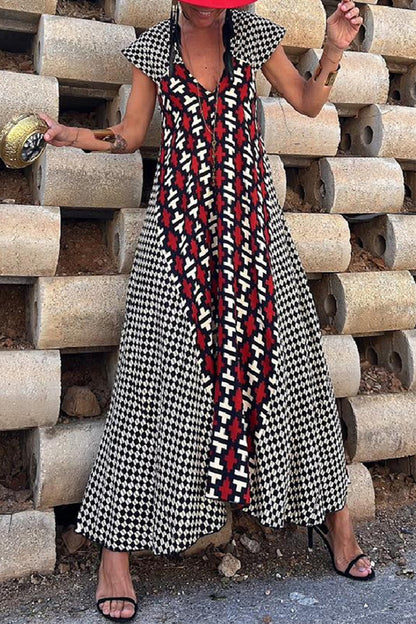 Casual Vintage Geometric Print Ripple Backless Asymmetrical V Neck Printed Dresses