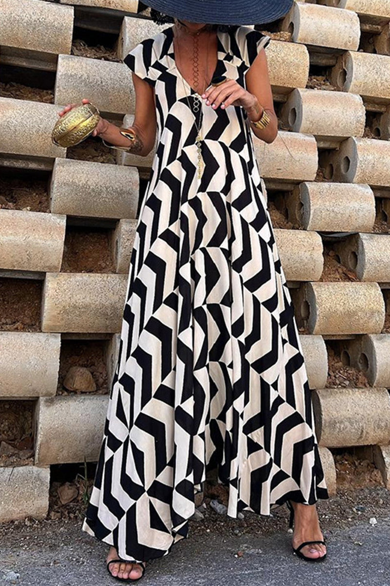 Casual Vintage Geometric Print Ripple Backless Asymmetrical V Neck Printed Dresses