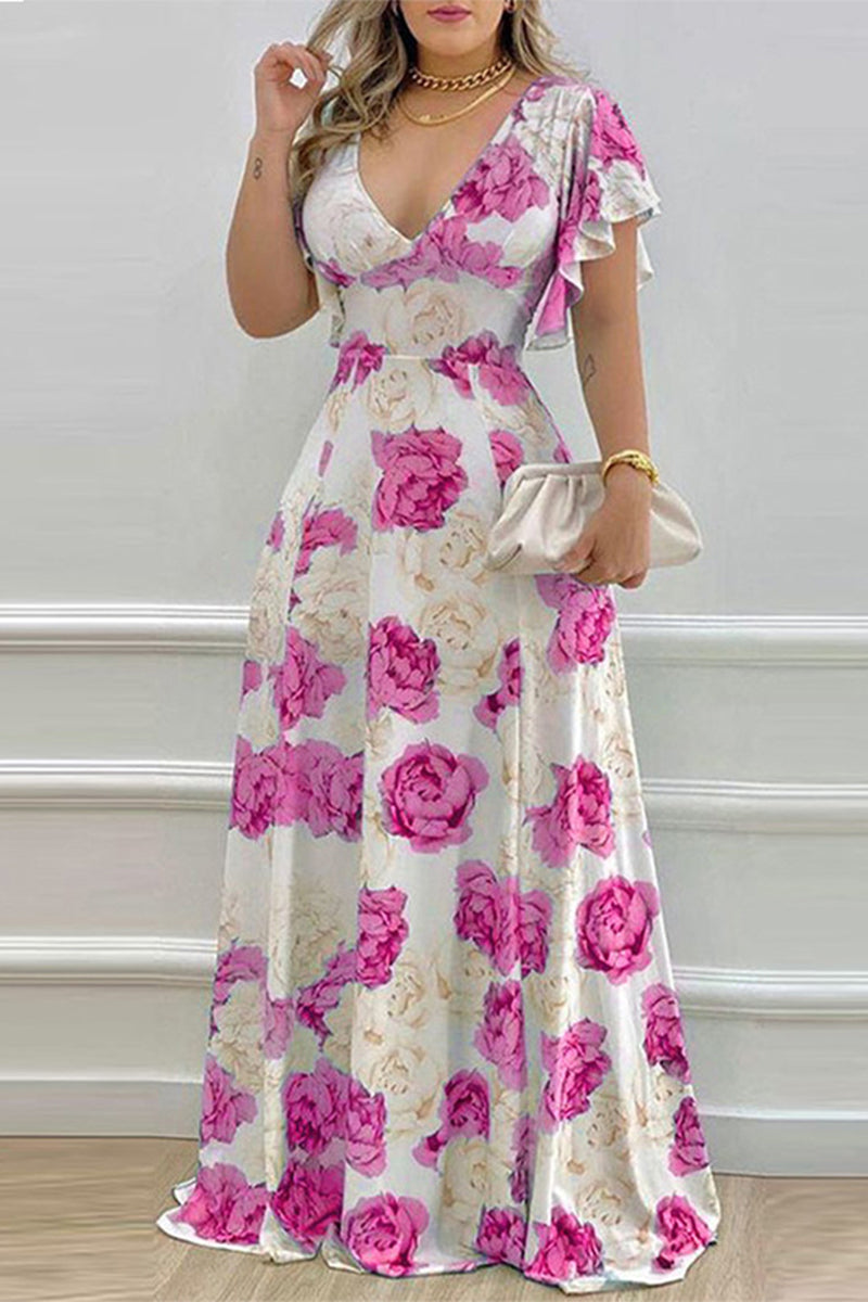 Elegant Print Flowers Flounce V Neck A Line Dresses