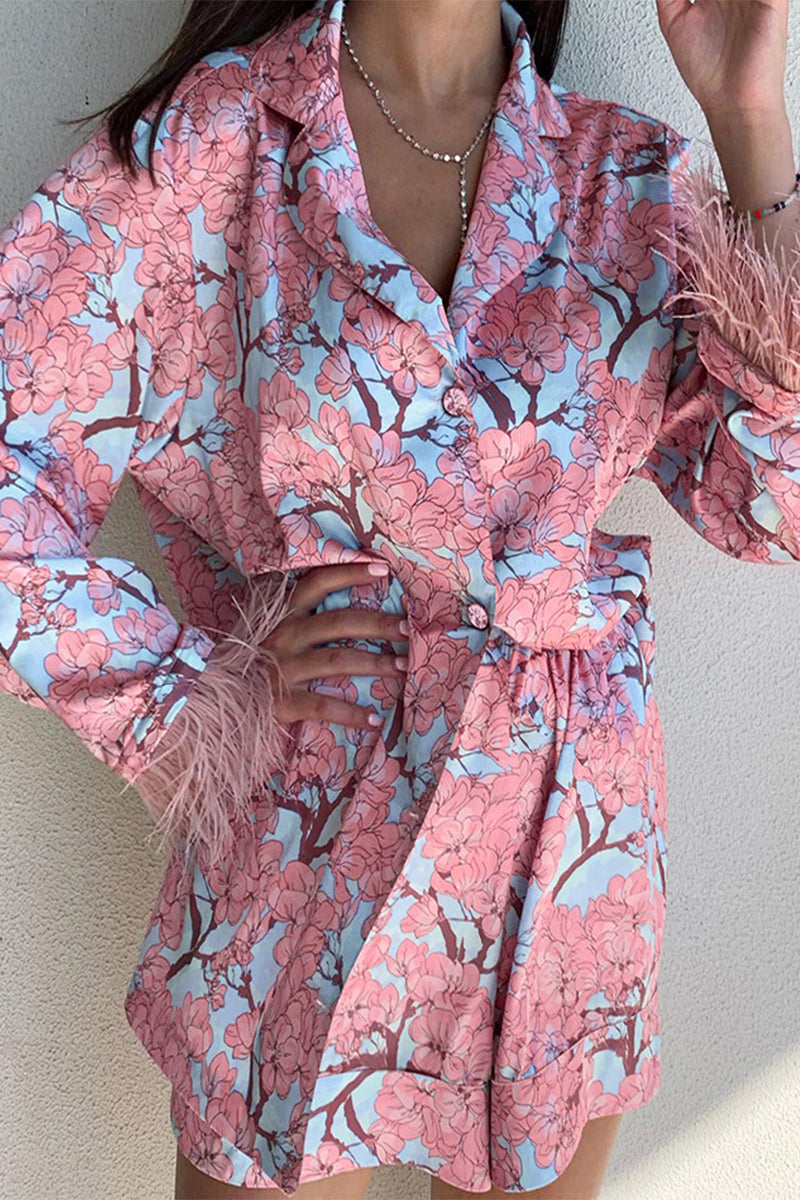 Floral Feathers Turndown Collar Long Sleeve Two Pieces