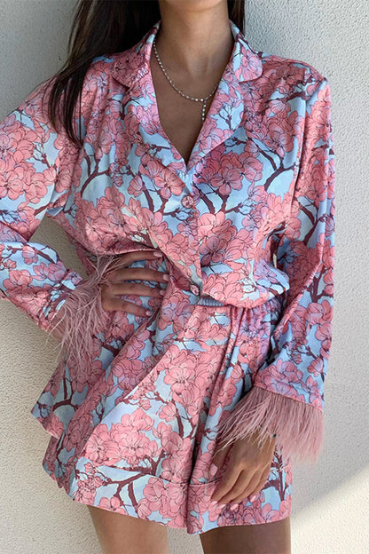 Floral Feathers Turndown Collar Long Sleeve Two Pieces