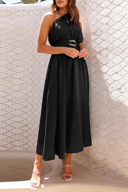 Elegant Formal Solid Metal Accessories Decoration Fold Oblique Collar Evening Dresses