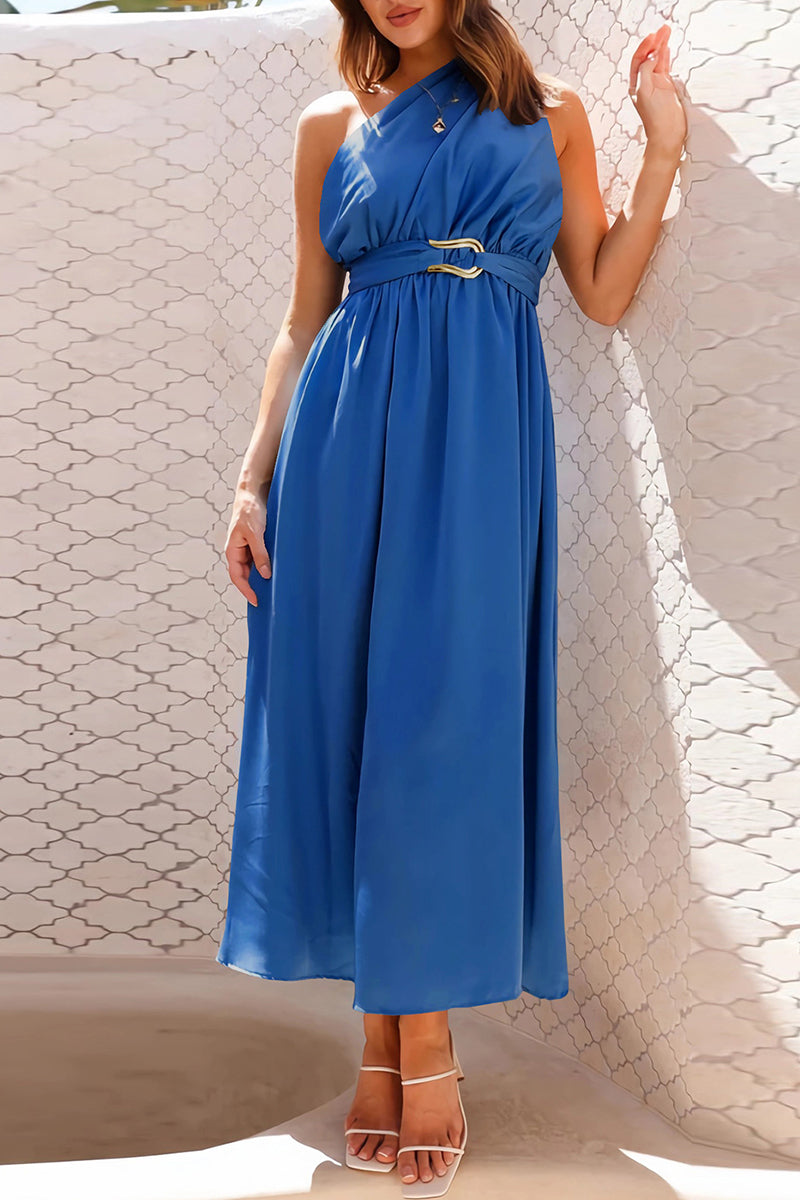 Elegant Formal Solid Metal Accessories Decoration Fold Oblique Collar Evening Dresses