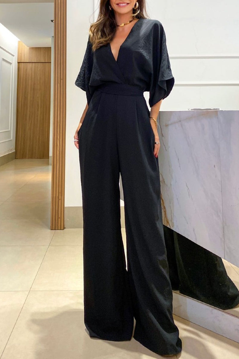 Elegant Solid Frenulum Backless V Neck Loose Jumpsuits