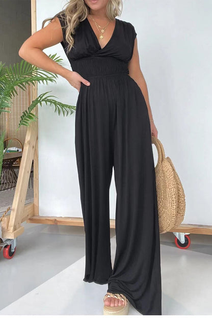 Casual Solid Fold V Neck Loose Jumpsuits