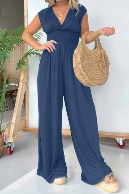 Casual Solid Fold V Neck Loose Jumpsuits