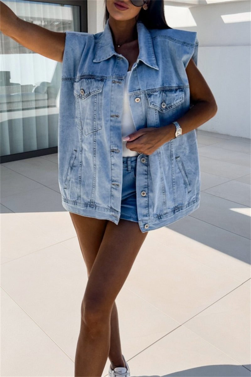 Casual Solid Patchwork Turndown Collar Sleeveless Regular Denim Jacket