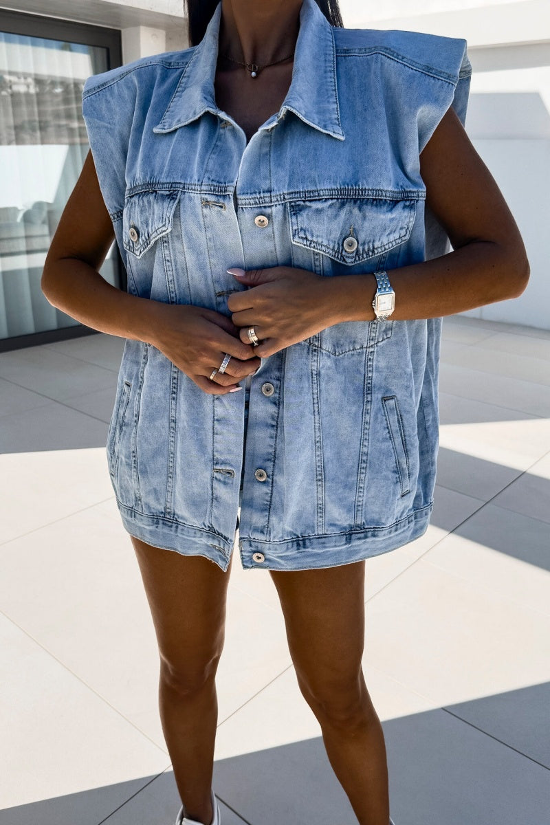 Casual Solid Patchwork Turndown Collar Sleeveless Regular Denim Jacket