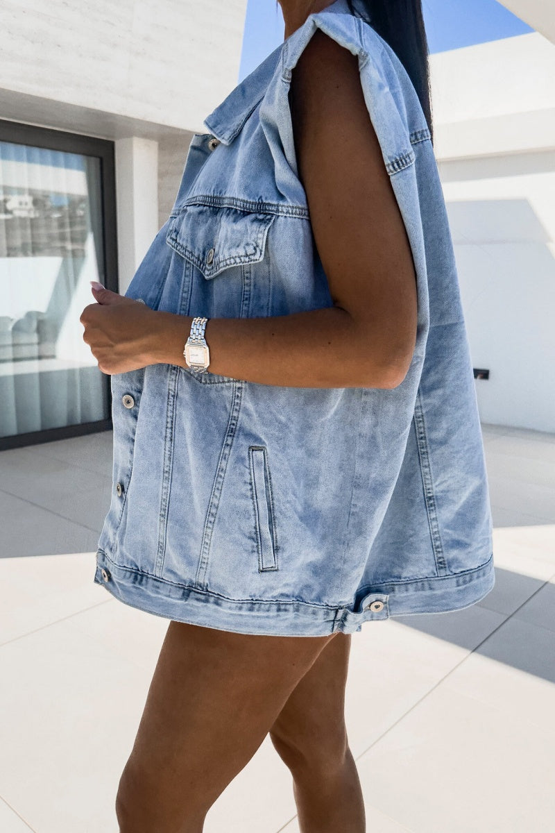 Casual Solid Patchwork Turndown Collar Sleeveless Regular Denim Jacket