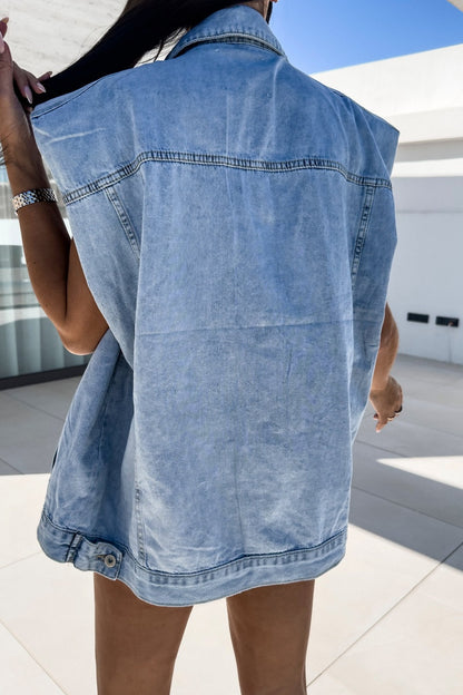 Casual Solid Patchwork Turndown Collar Sleeveless Regular Denim Jacket