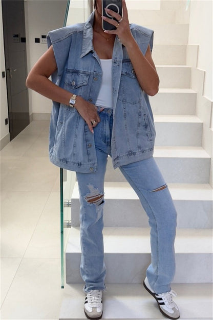 Casual Solid Patchwork Turndown Collar Sleeveless Regular Denim Jacket