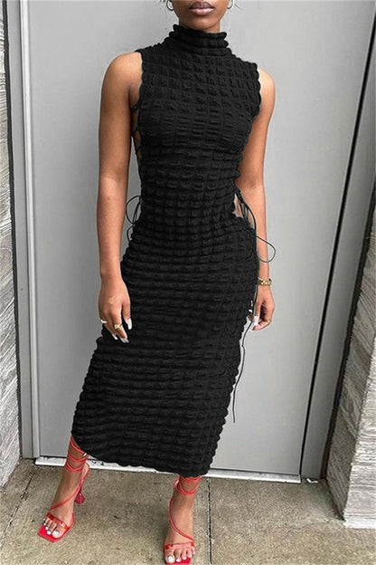 Sexy Casual Solid Frenulum Turtleneck Sleeveless Dresses