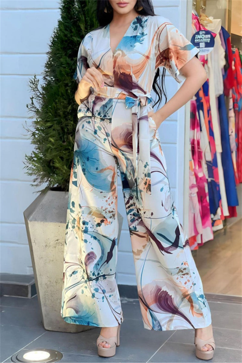 Casual Print Patchwork V Neck Regular Jumpsuits