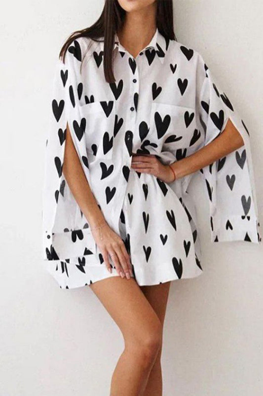 Casual Print Heart Shaped Pocket Turndown Collar Long Sleeve Two Pieces