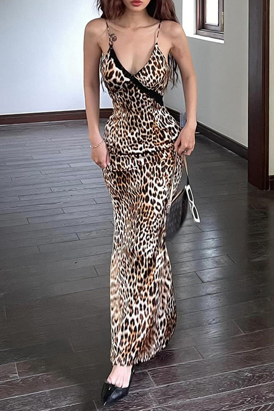 Sexy Vintage Leopard Backless V Neck One Step Skirt Dresses