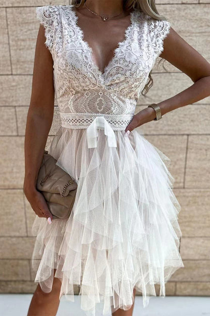 Sweet Solid Lace Asymmetrical Mesh V Neck Princess Dresses