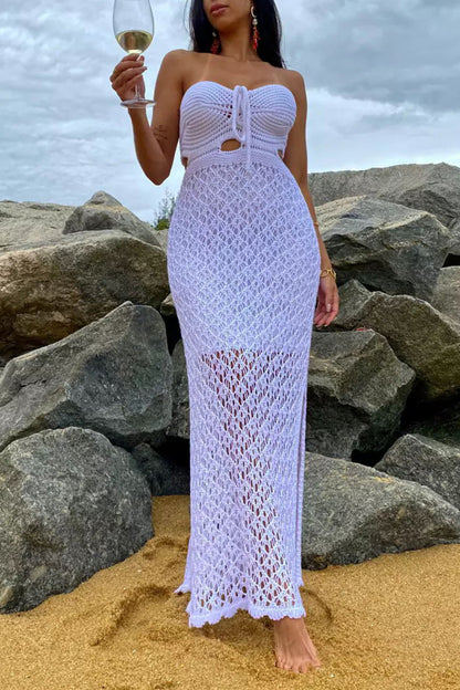 Sexy Vacation Solid Hollowed Out Slit Swimwears Cover Up