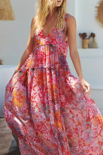 Casual Floral Fold V Neck Sleeveless Dresses