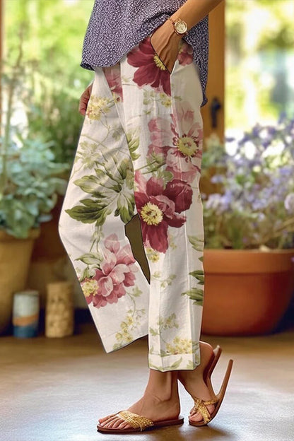 Casual Floral Patchwork Loose Mid Waist Straight Full Print BottomsI6 Colors)