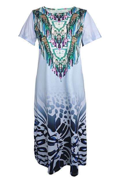 Casual Vintage National Totem Print Slit O Neck Short Sleeve Dresses(4 Colors)