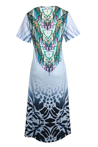 Casual Vintage National Totem Print Slit O Neck Short Sleeve Dresses(4 Colors)