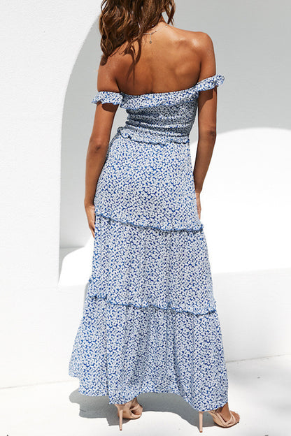 Sweet Elegant Print Flowers Fold Stringy Selvedge Off the Shoulder A Line Dresses