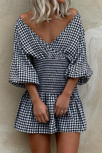 Casual Plaid V Neck Waist Skirt Dresses