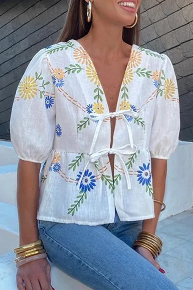 Casual Print Flowers Frenulum V Neck Tops