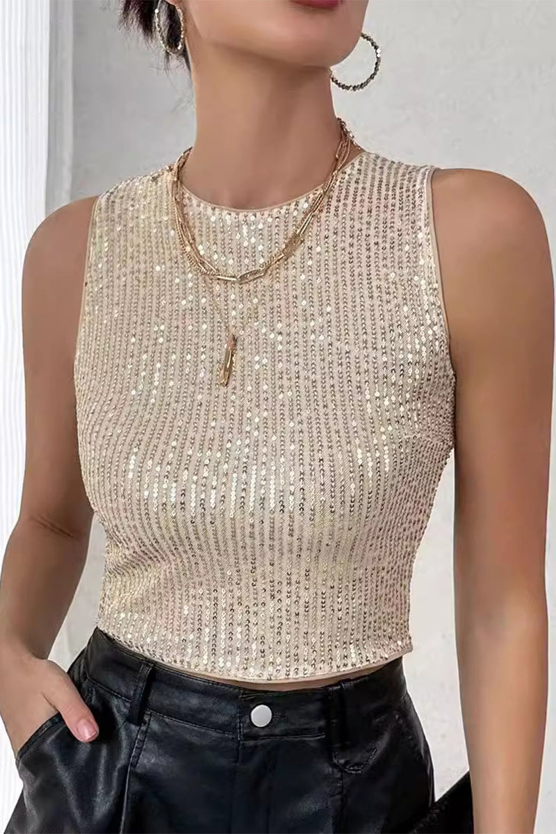 Sexy Solid Sequins Sequined O Neck Tops(3 Colors)