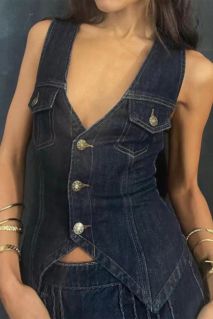 Casual Solid Pocket Buttons V Neck Sleeveless Regular Denim Jacket