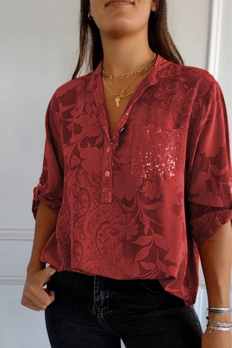 Floral Pocket Contrast Mandarin Collar Blouses(10 Colors)