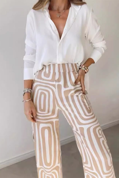 Elegant Striped Print Turndown Collar Long Sleeve Two Pieces