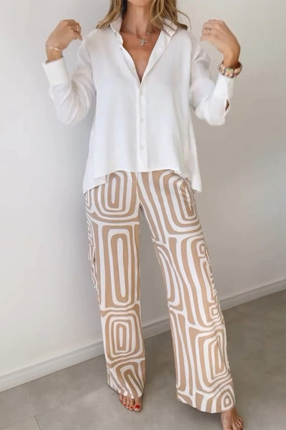 Elegant Striped Print Turndown Collar Long Sleeve Two Pieces